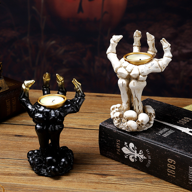  Halloween Skull Mask Palm Candlestick Horror Chamber Escape Desktop Decoration Props Resin Ornaments