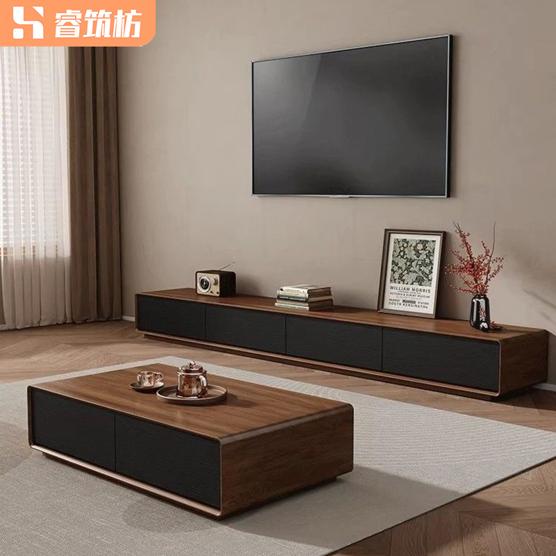 Italian Minimalist Tv Cabinet Modern Simple Small Apartment Black and White Rounded Corner Coffee Table Tv Cabinet Combination Ultra-Thin Tv Cabinet