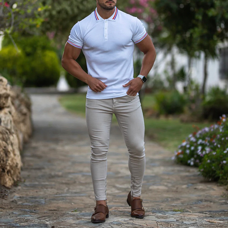 Quality soft fabric polo shirt with contrasting thread lapel splicing for men's casual large short sleeved T-shirt_voghion.com