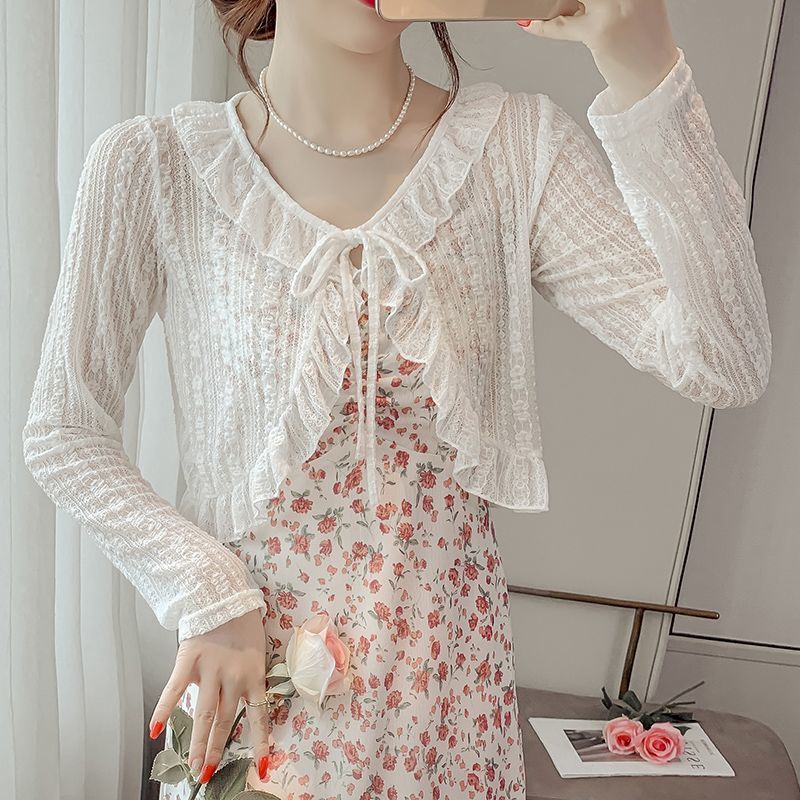 Women's Thin Summer Short Lace Coat Shawl with Skirt Sling Waistcoat Small Blouse Hot Girl Factory