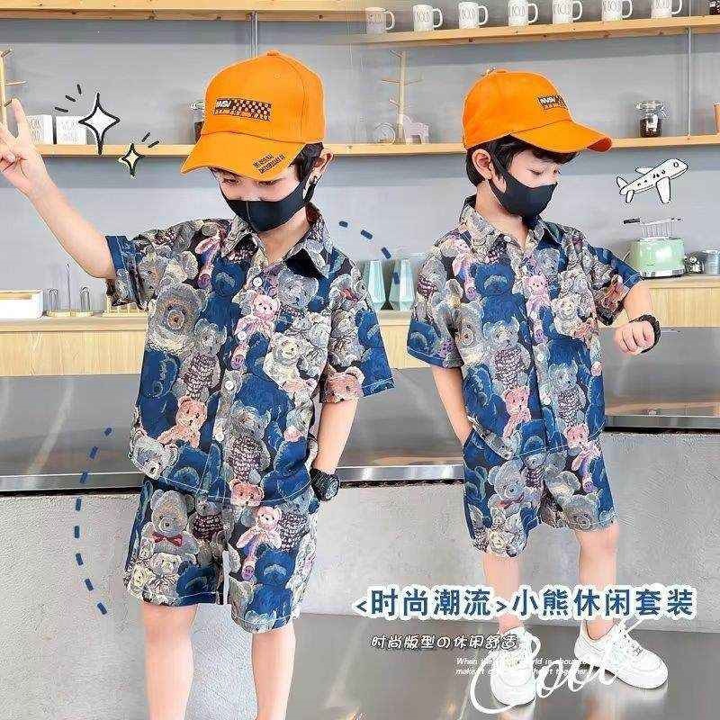 （涤纶）男童夏装套装洋气新款儿童短袖宝宝花衬衣沙滩两件套