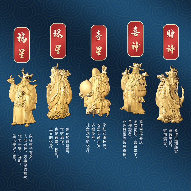 足金五福临门摆件 国潮金品福禄寿喜财五路财神摆件商务会销礼品