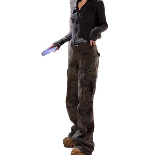 American-style spicy girl designed pocket camouflage work pants for women, spring high-waisted loose casual long pants