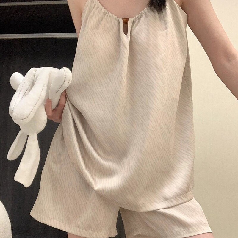 Dark White Chinese-Style High-End Simple Home Wear for Women, Summer Camisole and Shorts Set, Ice Silk Cool Sleepwear for Summer Dark White Chinese-Style High-End Simple Home Wear for Women, Summer Camisole and Shorts Set, Ice Silk Cool Sleepwear for Summer