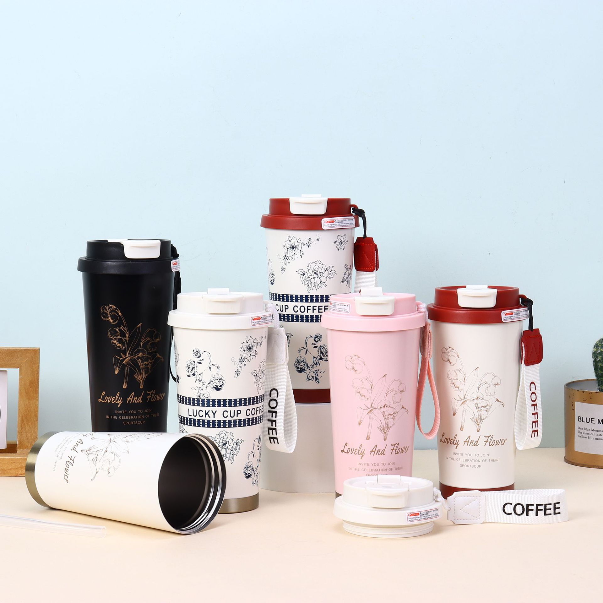 Hochwertiger, isolierter Becher aus Edelstahl 304 mit Maiglöckchenmotiv, ansprechendes Design, tragbare Trinkflasche für Mädchen, Vakuumisolierung für zwei Verwendungszwecke_voghion.com
