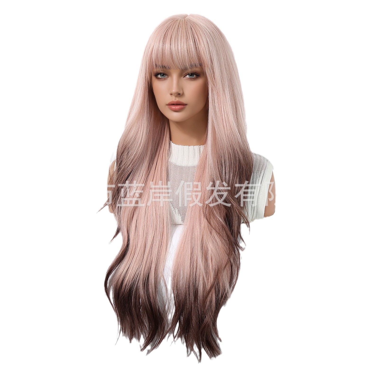 Peluca de cubierta completa para mujer, peluca de flequillo de aire rosa degradada para mujer, cabello rizado, seda mate de alta temperatura, fábrica de cabello de fibra química