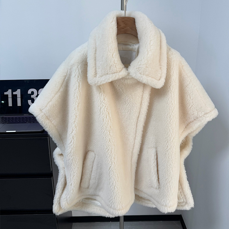 M's Teddy Cape Coat in Cream White Alpaca Wool, Short Style with a Turn-Down Collar, Loose Fit, Warm Fur Coat