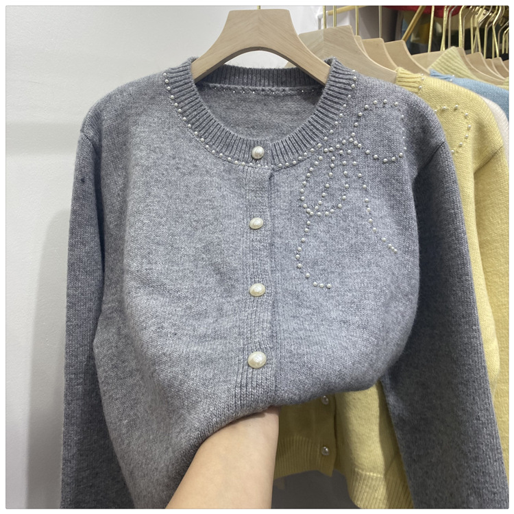 Women's Clothing Chic Embellished Bow Knit Cardigan For Women - Autumn Casual Long Sleeve Open Front Sweater (Blue, Yellow, Gray, Beige, Pink)​_voghion.com