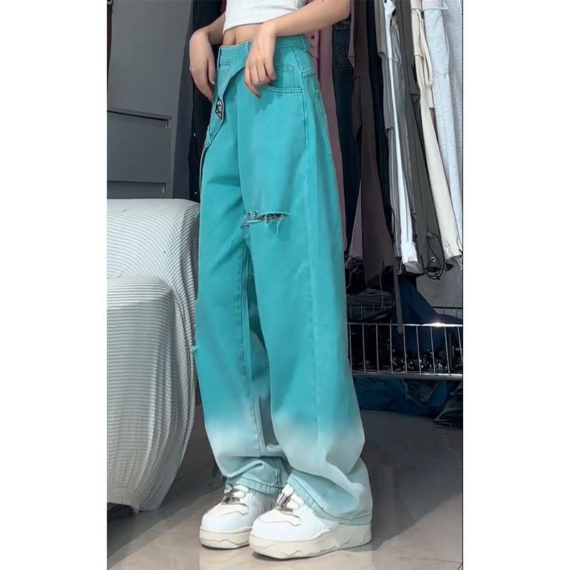 Gradient High-Waisted Slimming Straight-Leg Jeans for Women with Ripped Asymmetrical Pockets for Autumn