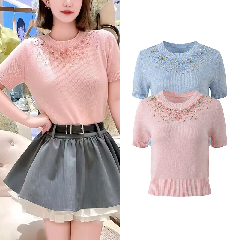 2025 Early Autumn New Fashion Sweet and Gentle Style Heavy-Duty Rhinestone Sequin Round Neck Pullover Short-Sleeve Knit Top