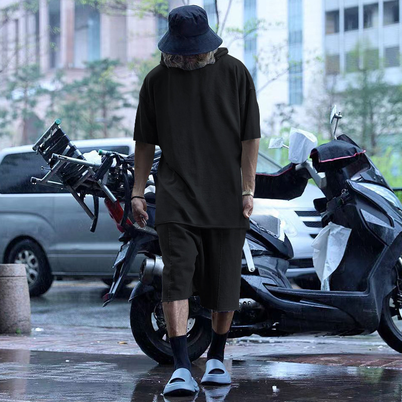 2024 Men's Short Sleeve Shorts Oversize Fur Loose Sports Casual Hooded Set_mkmklike.com