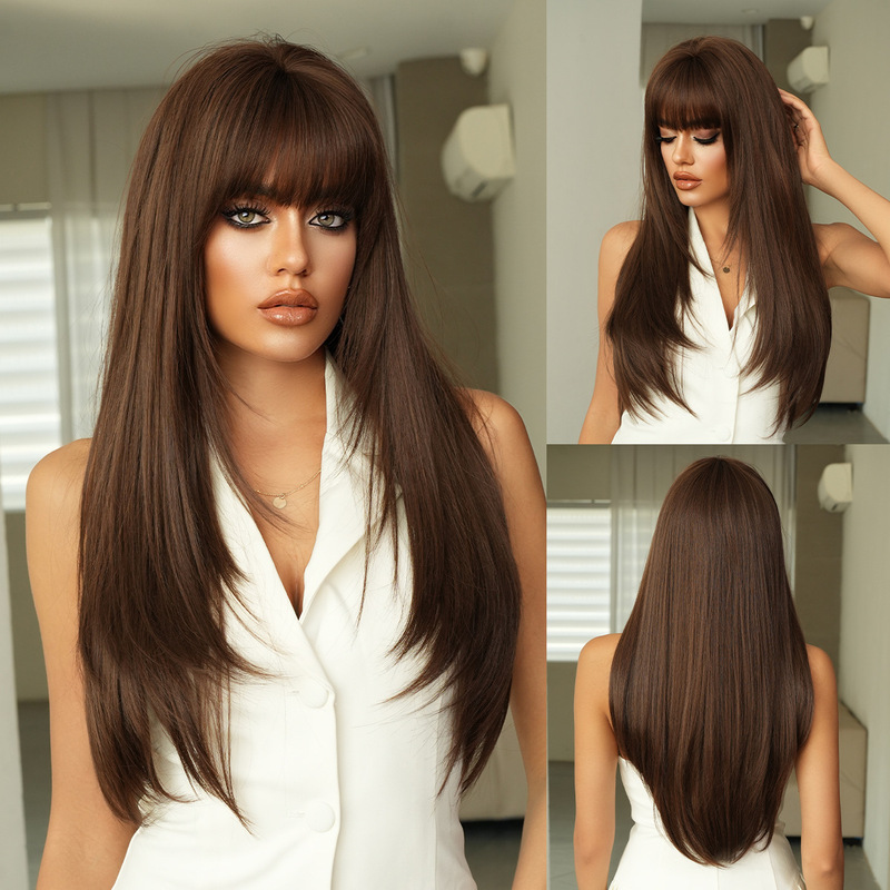 Foreign Trade High-Quality Long Straight Hair Multi-Layered Wig for Women with Bangs for Daily Use Fluffy Synthetic Heat-Resistant Fiber Wig