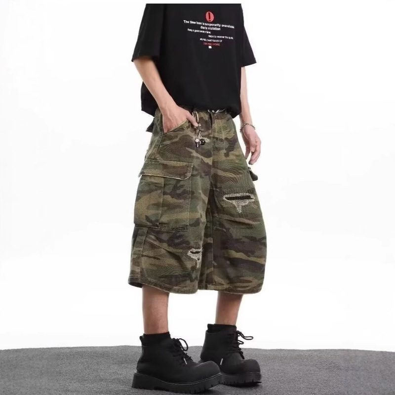 American-style Summer High Street Camouflage Wear-and-Wear Washed Cropped Pants Men's All-match Straight Trendy Brand Trendy Handsome Workwear Shorts