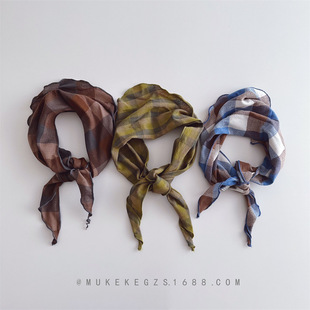 Korean Style Atmospheric Kidsren's Plaid Triangle Scarf Retro Style Boys and Girls Photo Concave Shape Headscarf Small Scarf Scarf