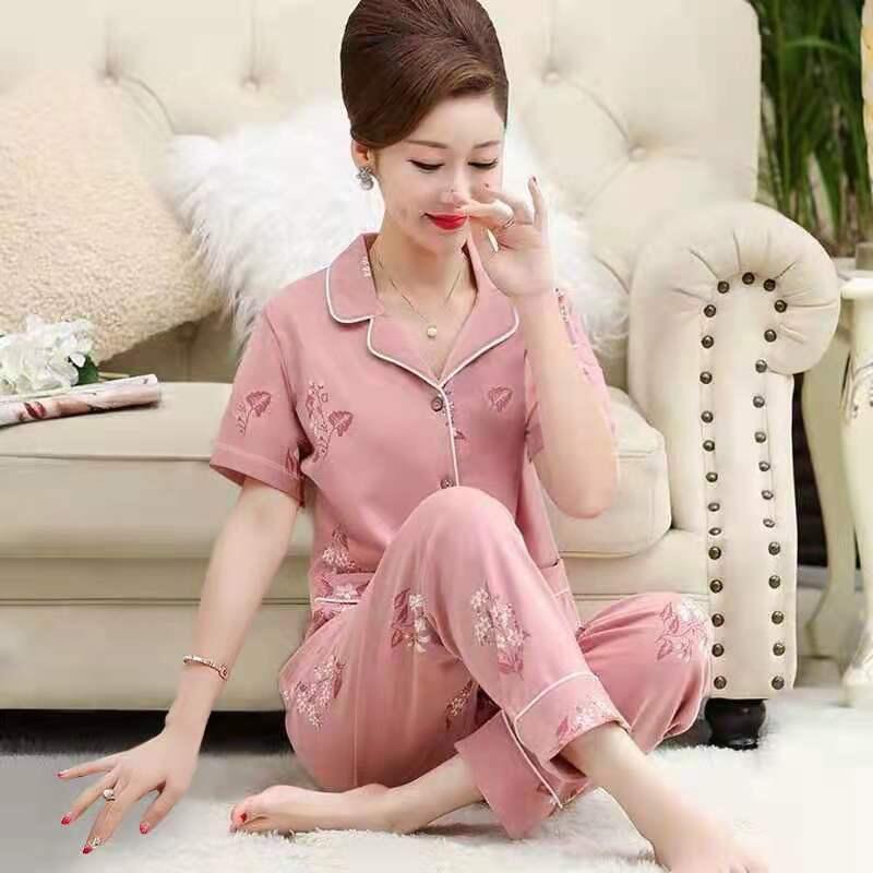 100% algodón de mediana edad y ancianos pijamas pantalones de manga corta de las mujeres delgadas de dos piezas ropa exterior suelta ropa para el hogar