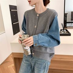 设计感牛仔袖子拼接百搭圆领套头开衫外套女毛衣针织衫洋气上衣女