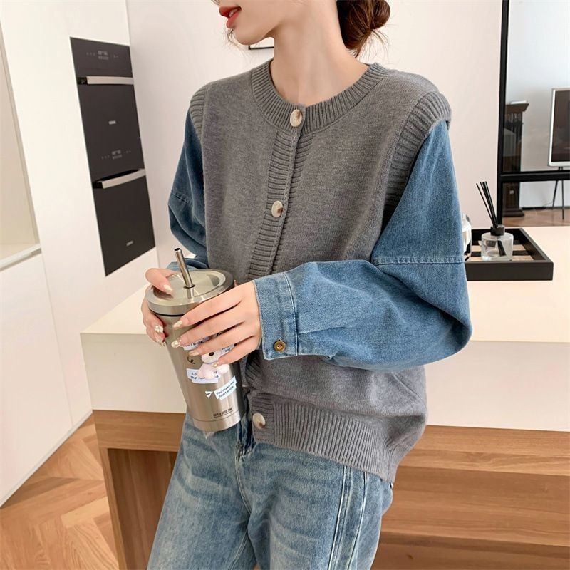 Trendy Denim Sleeve Patchwork Versatile Round Neck Pullover Cardigan Sweater Women's Knitwear Stylish Top Women