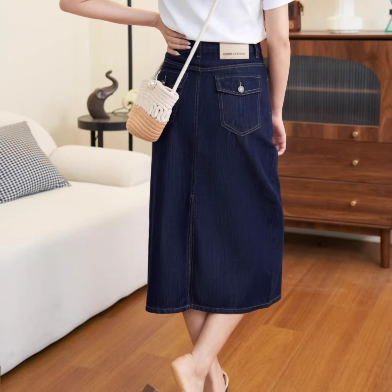 Chân váy denim chữ A Lycell mỏng mùa hè, dáng dài vừa, xẻ tà, rộng rãi tôn dáng — Xanh denim chi tiết 1