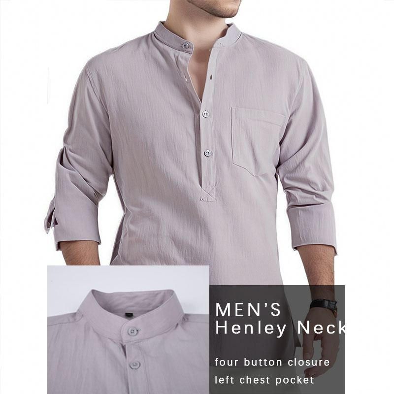 Amazon tamaño europeo camisa de los hombres algodón Henley camisa soporte collar camisa Lino los hombres manga larga fábrica directa en stock camisa