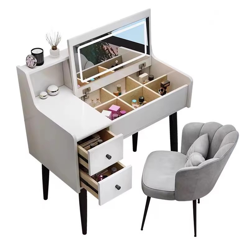 Comodador de dormitorio moderno y simple espejo de casa pequeña puede ocultarse tipo plegable con escritorio de lámpara en una mesa de maquillaje
