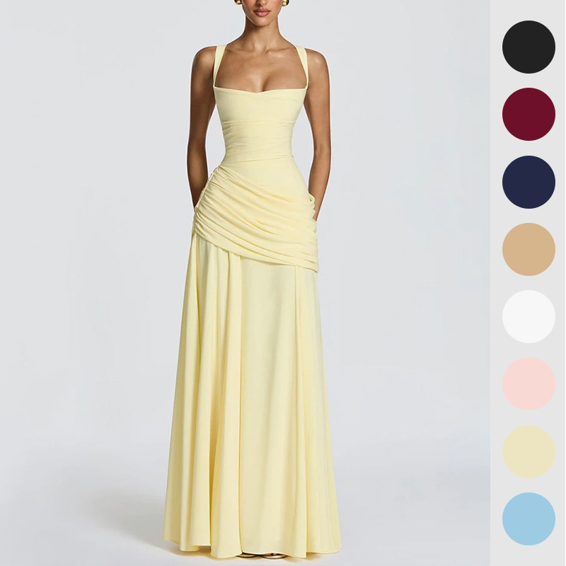 2026 Autumn New European and American Cross-Border Dropshipping Dress French Style Solid Color Pleated Strap Evening Dress 2026 Autumn New European and American Cross-Border Dropshipping Dress French Style Solid Color Pleated Strap Evening Dress