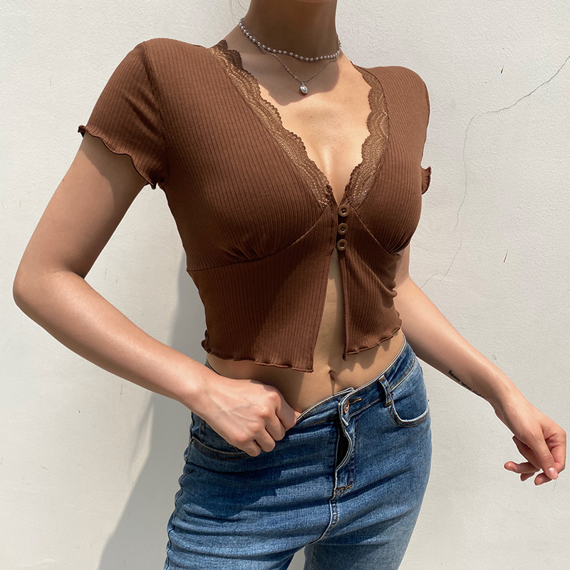 lace edge stitching breasted deep V self-cultivation crop top Nihaostyles wholesale clothing vendor NSSSN75556