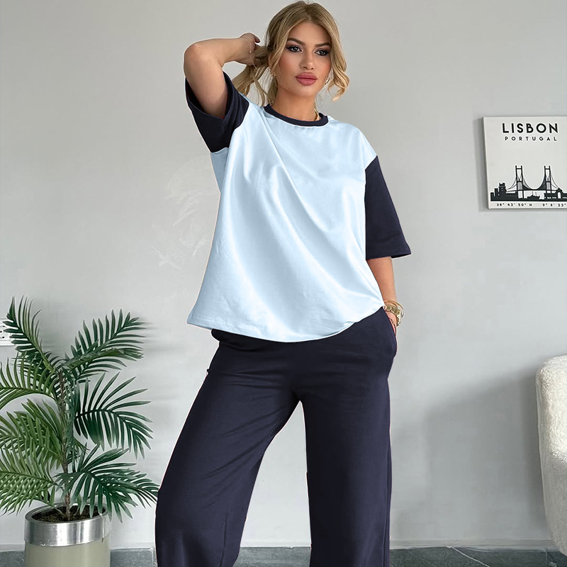 Summer Contrast Color round Neck Short Sleeved T shirt Women Casual Wide Leg Pants Two Piece Sets 13 Summer Contrast Color round Neck Short Sleeved T shirt Women Casual Wide Leg Pants Two Piece Sets