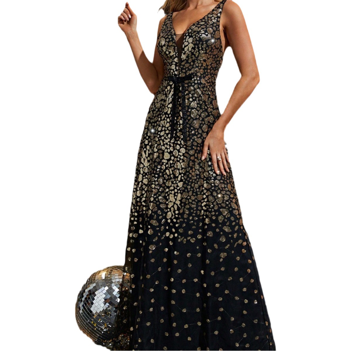 Vestido de noche estilo nuevo para eBay, sexy, sin espalda, con doble hombro, cuello en V, lazo en la cintura, lentejuelas, línea A