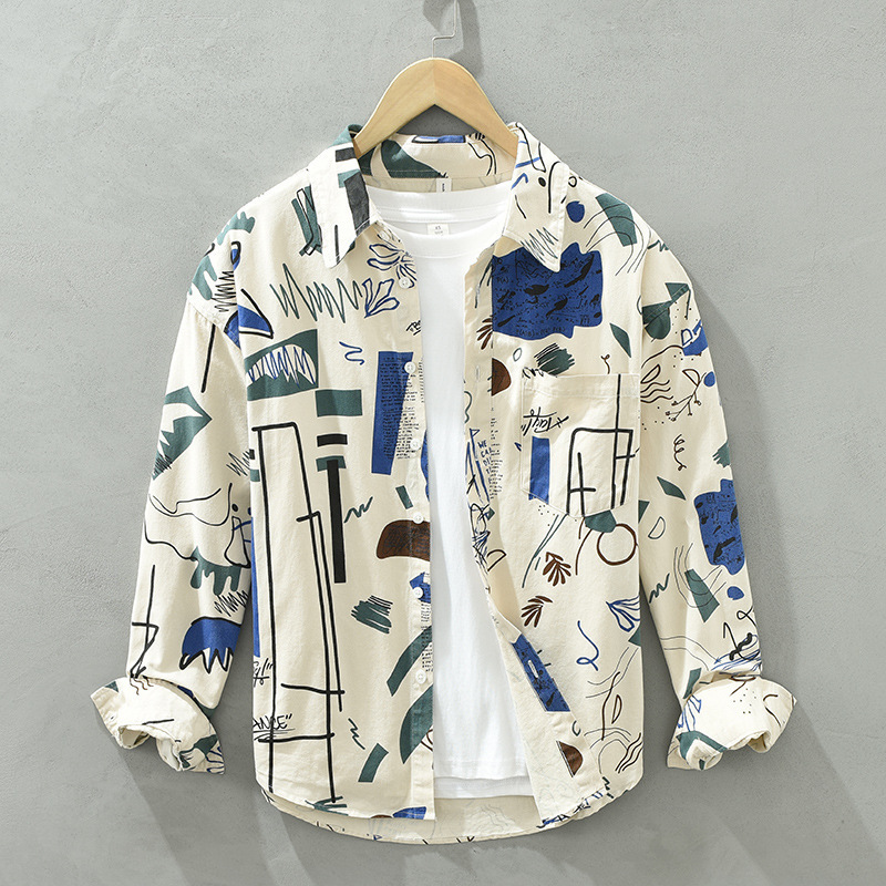 Personalized Printed Long-sleeved Shirt Men's Spring and Autumn Clothes Top Fashionable Design Sense Duffy Handsome Loose Cotton Shirt Jacket