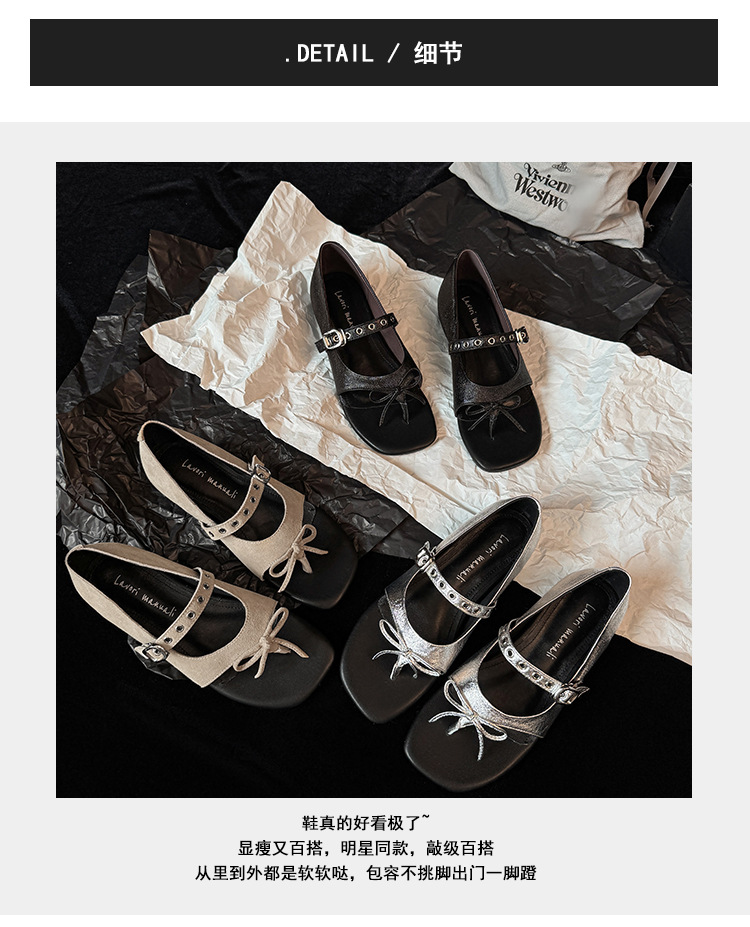 Sandal xỏ ngón đế bệt thiết kế độc đáo nơ bướm quai ngang La Mã — màu đen, màu mơ, bạc chi tiết 2