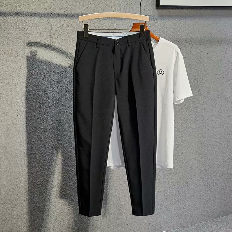 Ropa de hombre Pantalones de traje de nueve puntos ajustados y atractivos de gran tamaño para niños, pantalones rectos de estilo coreano elásticos marrones informales de primavera y otoño_voghion.com