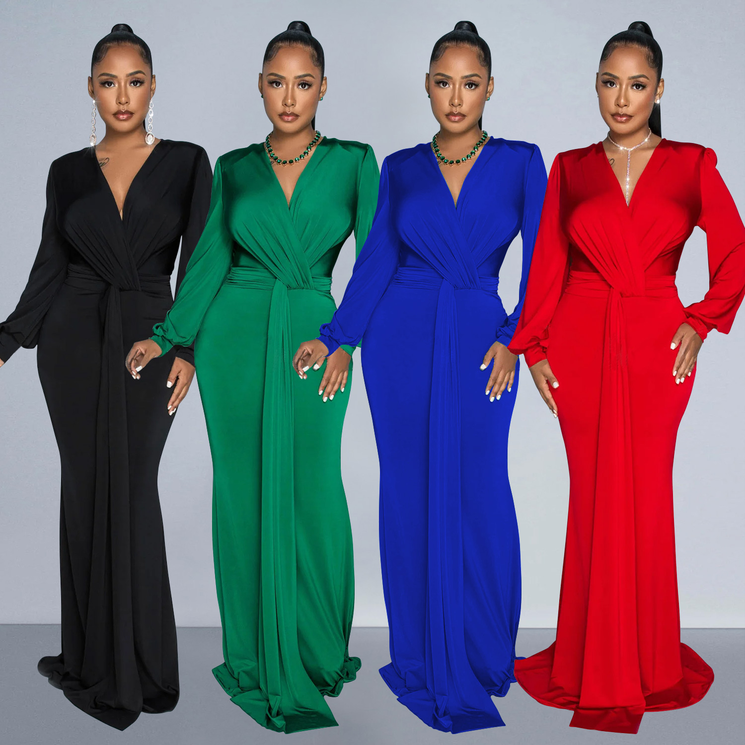 C6796 transfronteriza AliExpress Amazon europeo y americano de las mujeres de color sólido sexy profundo V vestido plisado vestido de las mujeres image 1