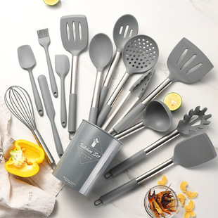 Cross-border stainless steel silicone kitchenware 15 piece set with storage bucket cooking spatula suit kitchen set