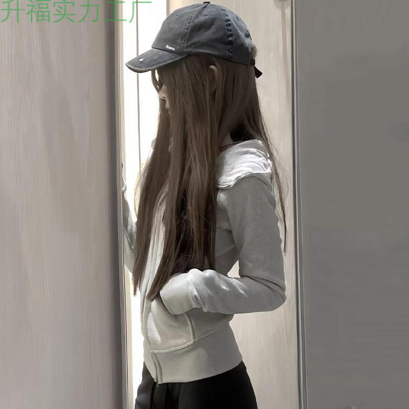 女性用コート、春と秋のショートウエスト、春の着用、スリムフィットのフード付き春トップ、タイトフィットの白とグレーのスウェットシャツ、アメリカンスタイルの薄手|undefined