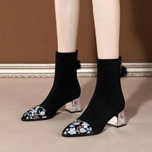民族風拼色小短靴女春秋單靴粗跟短筒圓頭花朵高跟馬丁靴軟皮靴