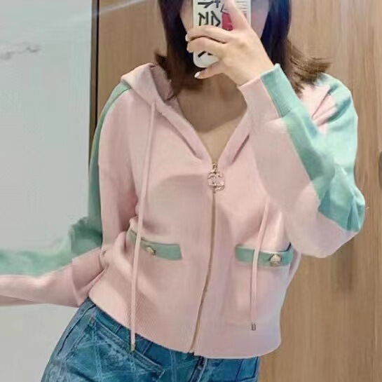 Special Offer 2025 Early Spring Pink Chanel-Style Color-Blocked Casual Age-Reducing Zip-Up Knitted Hooded Cardigan Top for Women Special Offer 2025 Early Spring Pink Chanel-Style Color-Blocked Casual Age-Reducing Zip-Up Knitted Hooded Cardigan Top for Women