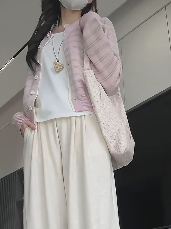 韩系粉色条纹假两件针织开衫女宽松外搭毛衣外套女秋冬穿搭上衣|undefined
