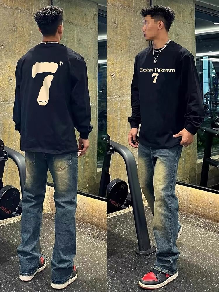 欧美式高街数字印花圆领长袖男秋季潮牌宽松重磅情侣t恤上衣