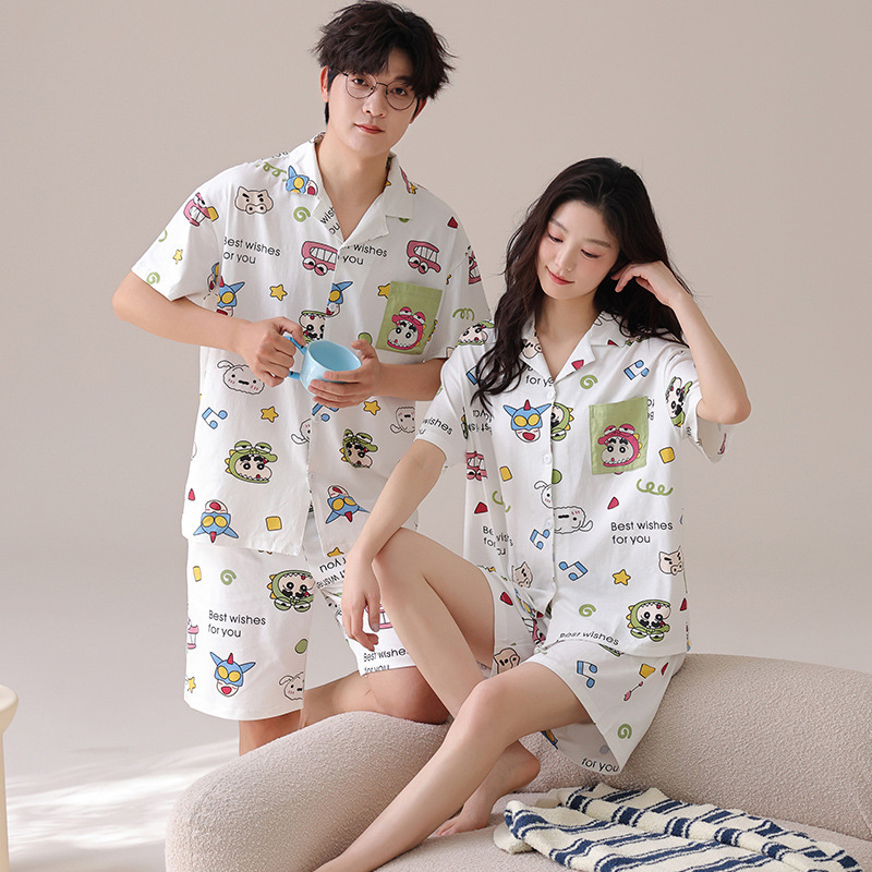 Pure Cotton Couple Pajamas Summer New Style 100% Lapel Cardigan Short-Sleeved Shorts Men's and Women's Home Clothes Can Be Worn Outside the Suit