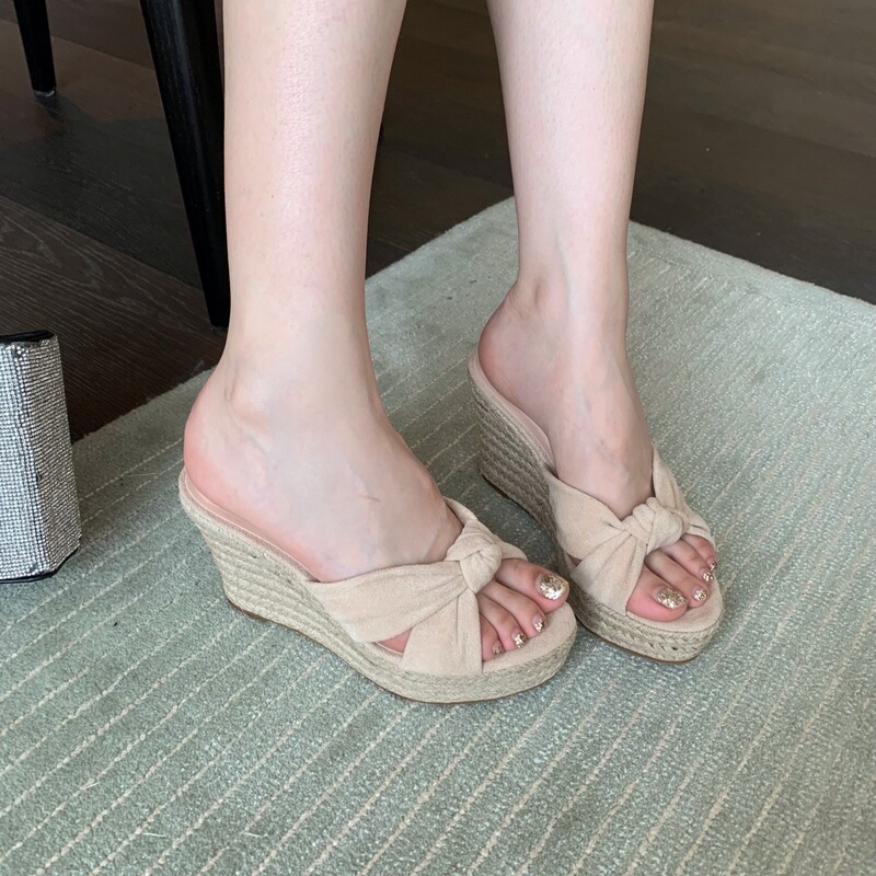 Spring and Summer 2026 Solid Color Shoes Versatile Patchwork Sandals Women's Wedge Sandals with Woven Rope Straps