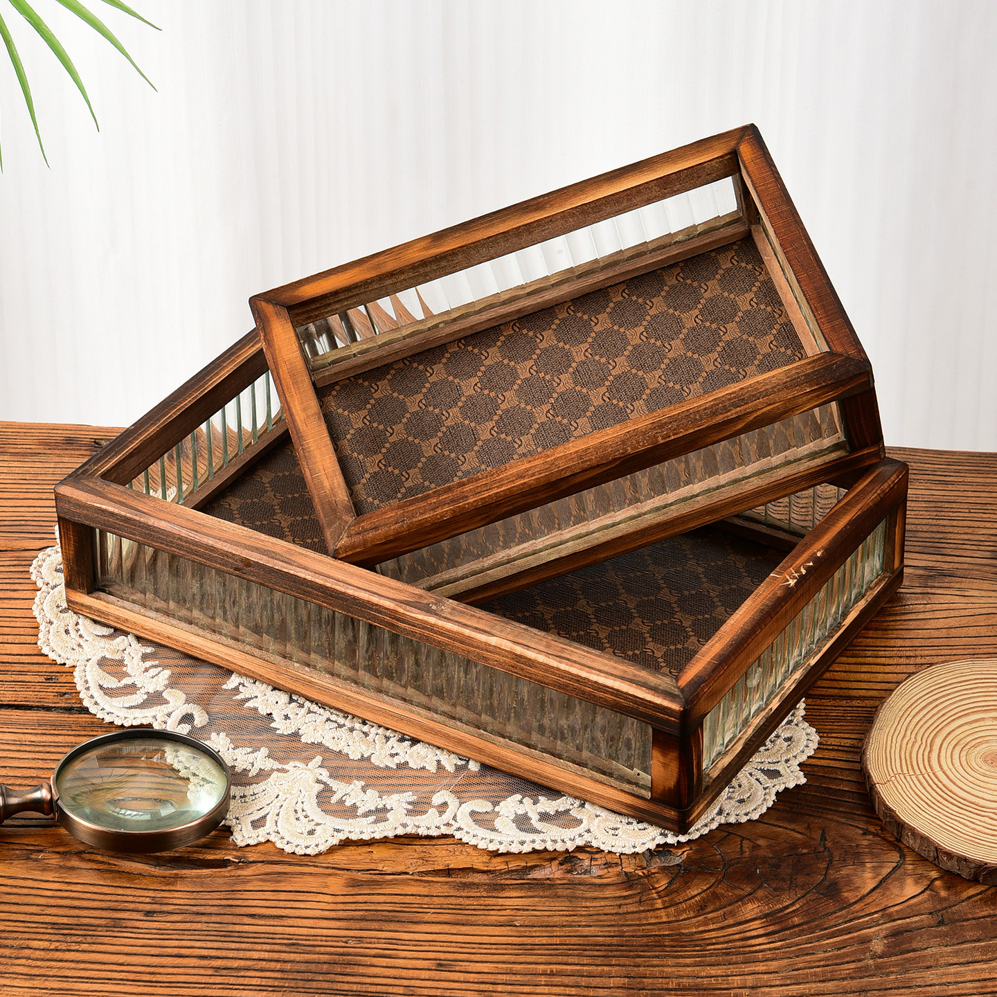 Retro wooden glass storage tray rectangular desktop miscellaneous…