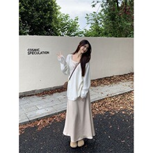 温柔风宽松v领长袖针织上衣套装女早秋纯欲显瘦休闲吊带连衣裙子