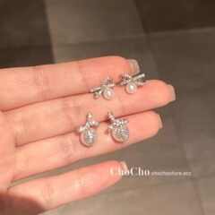 Chocho/高級感のあるジルコンの甘い真珠の蝶結びのイヤリングの小さい気質の優しいピアス