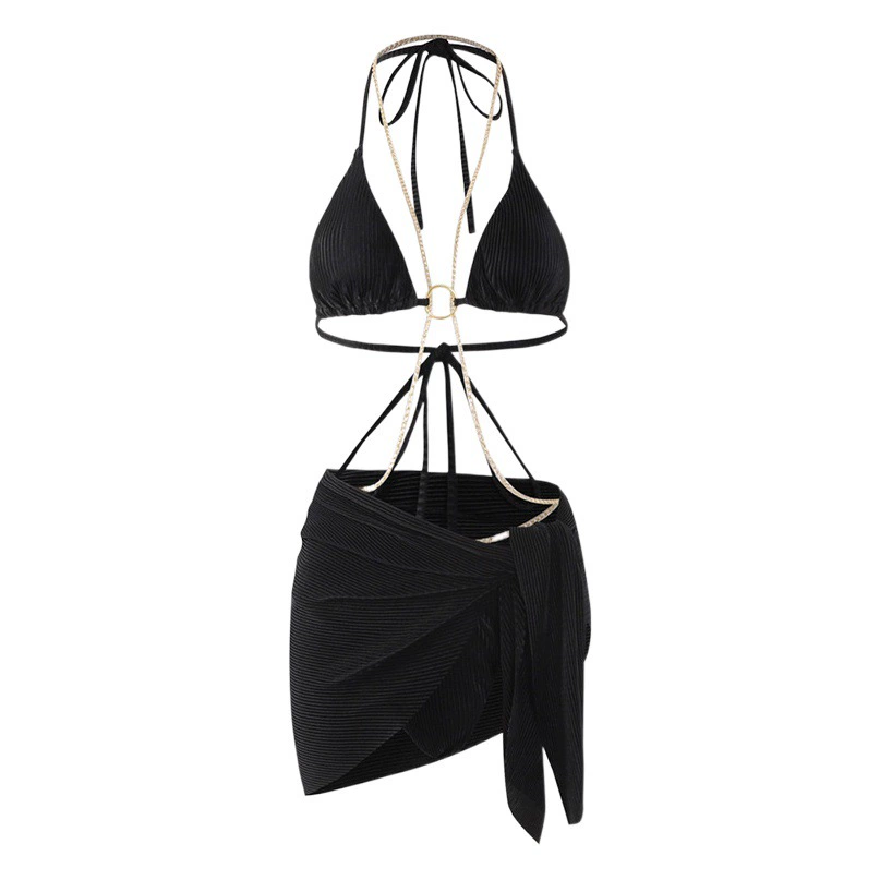 Черный купальник с цепочкой, женское бикини, три предмета, красивый купальник на спине, Горячая весна, пляжный отдых, сексуальный повод
