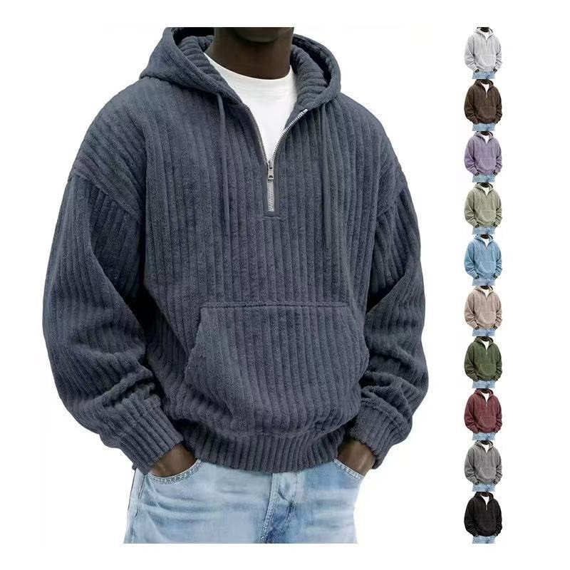 Cross-border European and American best-selling new heavyweight corduroy men's hoodie, solid color casual loose-fitting zip-up men's sweatshirt