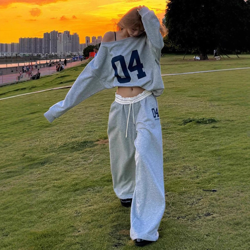 Vintage Waistband Patchwork Pants Loose Gray Sports Sweatpants Women Niche Color-Blocking Wide-Leg Long Pants Casual Two-Piece Set