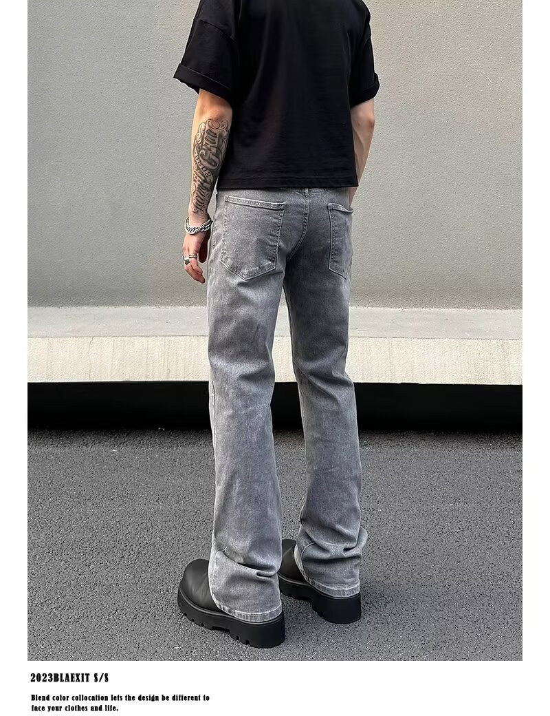 Men's Gray American Streetwear Vintage Wash Flared Jeans, Relaxed Fit Bootcut Denim Pants With Distressed Details For Urban Fashion_mkmklike.com