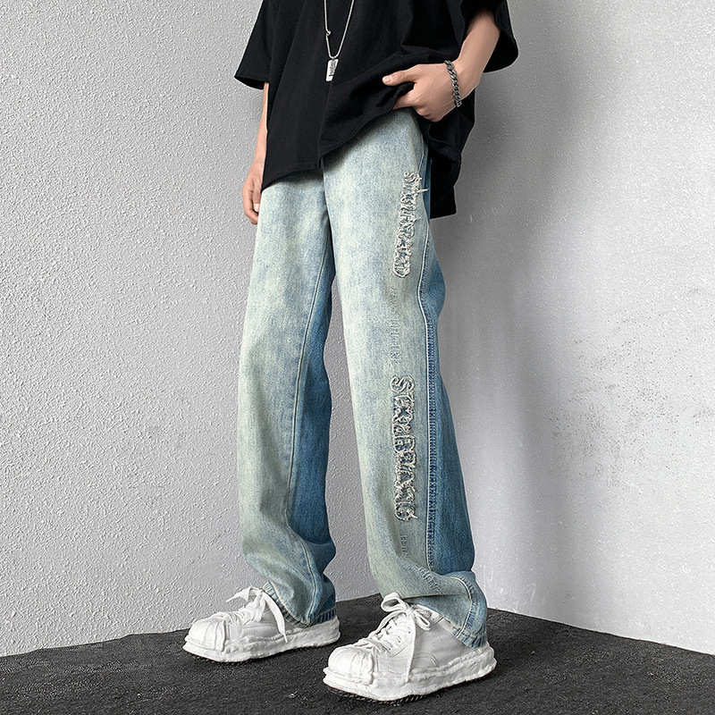European and American hiphop street pants ins rough-edged letter jeans niche design sense two-color stitching straight pants
