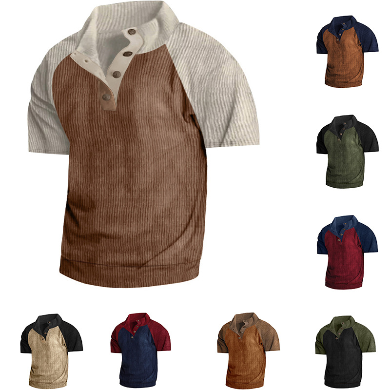 Verano transfronterizo para hombres al aire libre raglán de manga corta comercio exterior Amazon casual cuello alto deportes pana camiseta para hombres