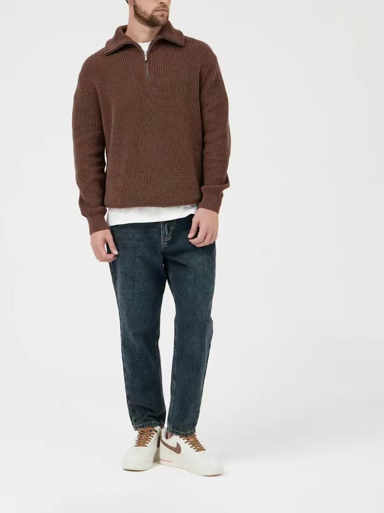 Suéter de hombre transfronterizo otoño y invierno nuevo estilo americano perezoso viento medio cremallera suelta plummet de color sólido suéter de hombre